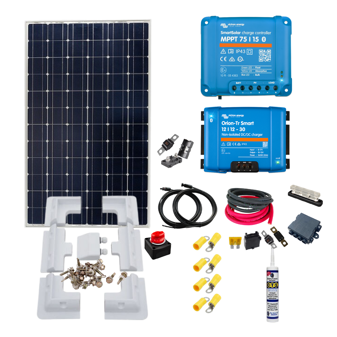 Solar panel kit with components on a white background