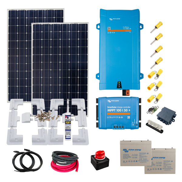 Victron Cabin Kit. 350 Watts Solar Power,Victron Smart MPPT, MultiPlus Inverter/charger, Cable, Mounting, cable Gland & 200 Ah AGM Super Cycle battery. CA53