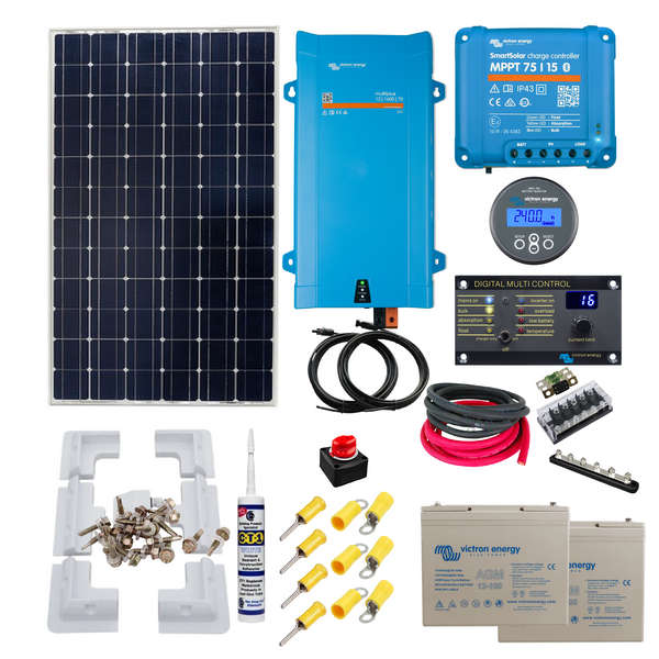 Victron 1600VA MultiPlus Inverter charger, 115 to 350 Watt Solar Panels Mounting, Cable Gland, Victron AGM Super Cycle 200Ah Batteries. KIT34