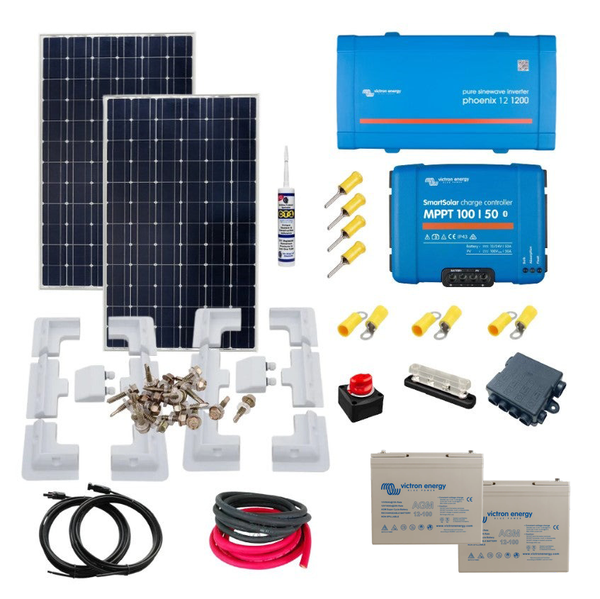 Victron Cabin Kit. 610 Watt of Solar Power, Smart MPPT, Victron Phoenix 1kw inverter, Cable, Mounting & Gland, 200 Ah AGM Super Cycle battery. CA44
