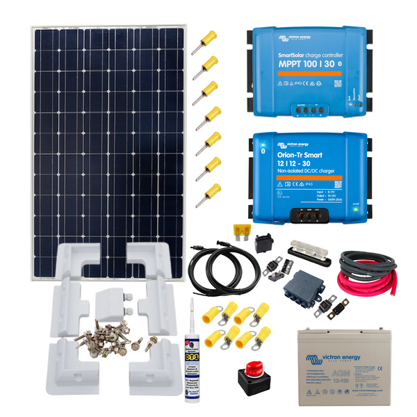 Victron 305 or 350 Watts of Solar Panels, Victron 100 Ah AGM Super Cycle battery, Victron Smart MPPT, Victron Orion Smart DC/DC charger, Cable, Mounting & Gland. KIT56