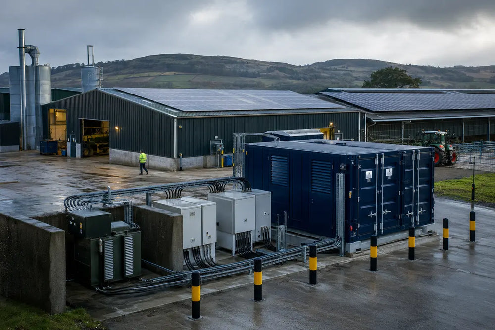 Farm and commercial site supported by solar and battery power