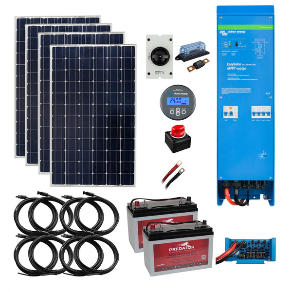 Victron EasySolar Off Grid Extra Deep Cycle AGM Kit with 700 Watts Solar Power, 2.4 or 4.8 kWh Battery Storage, 1600kVA Inverter/Charger. 12 Volt. OG1