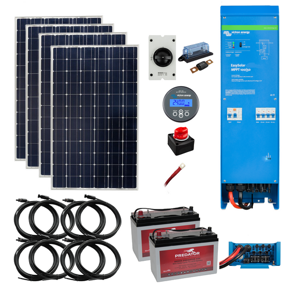 Victron EasySolar Off Grid Extra Deep Cycle AGM Kit. 700 Watts of Solar Power, 2.4 or 4.8kWh Battery Storage, 1600kVa Inverter/Charger.24 Volt. OG5