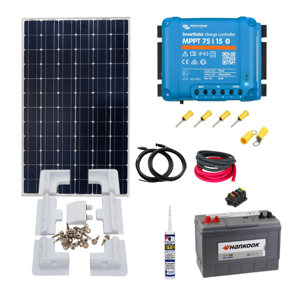 Victron 175 Watt Solar Panel, Victron 75/15 Smart MPPT, AGM Battery or Leisure Battery, Cable Kit, Mounting & Gland. KIT11A