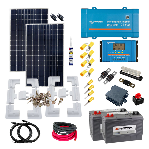 Victron 350 Watt of Solar Panels, PWM Solar Controller, Victron Phoenix Inverter, Cable, Mounting, cable Gland & 200 Ah of batteries. KIT14