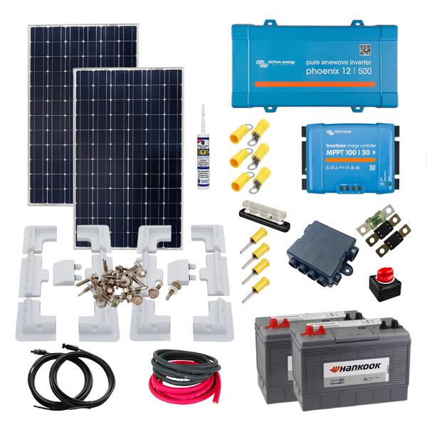 Victron 350 Watt Solar Panels, Victron Smart 100/30 MPPT, Victron Phoenix Inverter, Cable, Mounting, Cable Gland & 200 Ah of batteries..KIT17