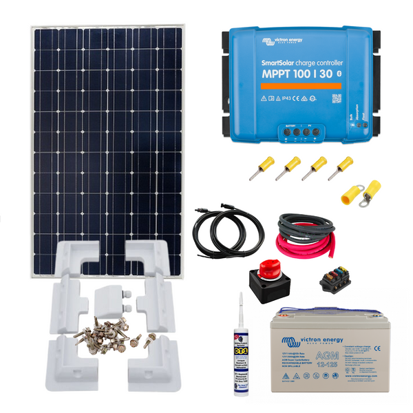 Victron 305 or 350 Watts of Solar Panels, Victron Smart MPPT,Victron Super Cycle or Superpack Battery, Solar brackets & Cable Gland. KIT1