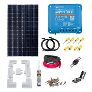 Callidus Trade: KIT21 - A solar panel kit including a monocrystalline solar panel, blue charge controller, various cables, mounting hardware, and other accessories laid out on a white background.
