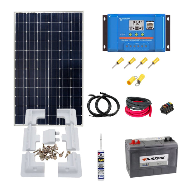Victron Shed Kit. Victron 175 Watt Solar Panel, PWM solar controller, Cable, Mounting, Gland & Leisure battery. SH23