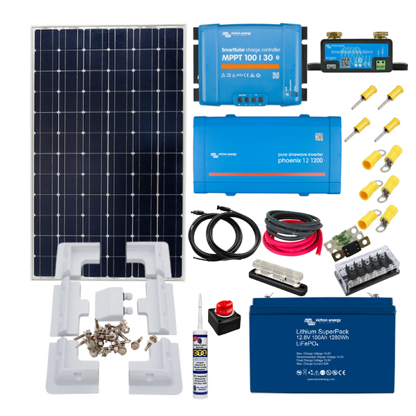 Victron 305W or 350 Watt Solar Panels, Smart MPPT, Phoenix Inverter,100Ah Lithium Battery,Smart Shunt, Mounting & Cable Gland. KIT39
