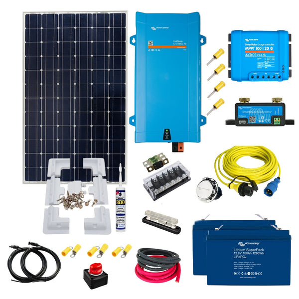 Victron Cabin Kit. 305 or 350 Watts of Solar Power, Smart MPPT, MultiPlus Inverter/Charger, Smart Shunt, 200ah Lithium Battery, Mounting & Cable. CA41