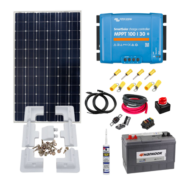 Victron 305 or 350 Watts of Solar Power,Victron Smart MPPT, 100AH Leisure Battery or 100Ah AGM Super Cycle Battery, Solar brackets & Cable Gland. KIT4