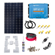 KIT54 - A solar panel kit including a blue solar charge controller, cables, mounting equipment, and a solar panel itself, arranged on a white background.