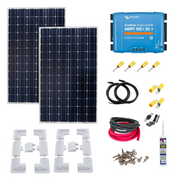 Callidus Trade KIT6 - The image shows a solar panel kit which includes two solar panels, a blue Victron MPPT solar charge controller, solar brackets, cables, and other components.